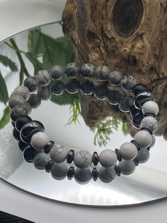 Mens Gemstone Bracelet, Howlite, Picasso Jasper and Hematite Crystal Bracelet, Unique Handmade Gift,