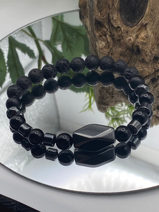 Mens Gemstone Bracelet, Onyx, Lava bead and Hematite Crystal Bracelet, Unique Handmade Gift,