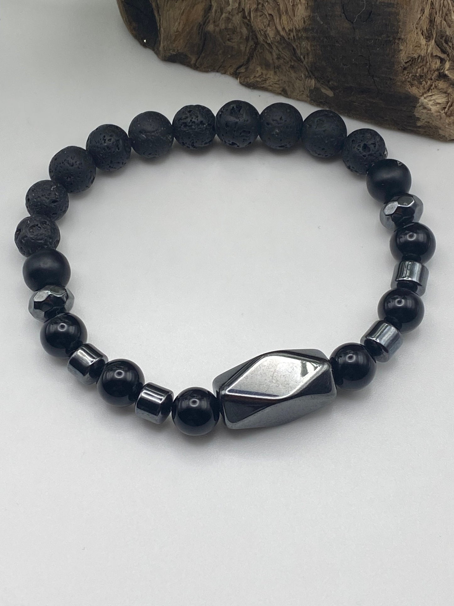 Mens Gemstone Bracelet, Onyx, Lava bead and Hematite Crystal Bracelet, Unique Handmade Gift,