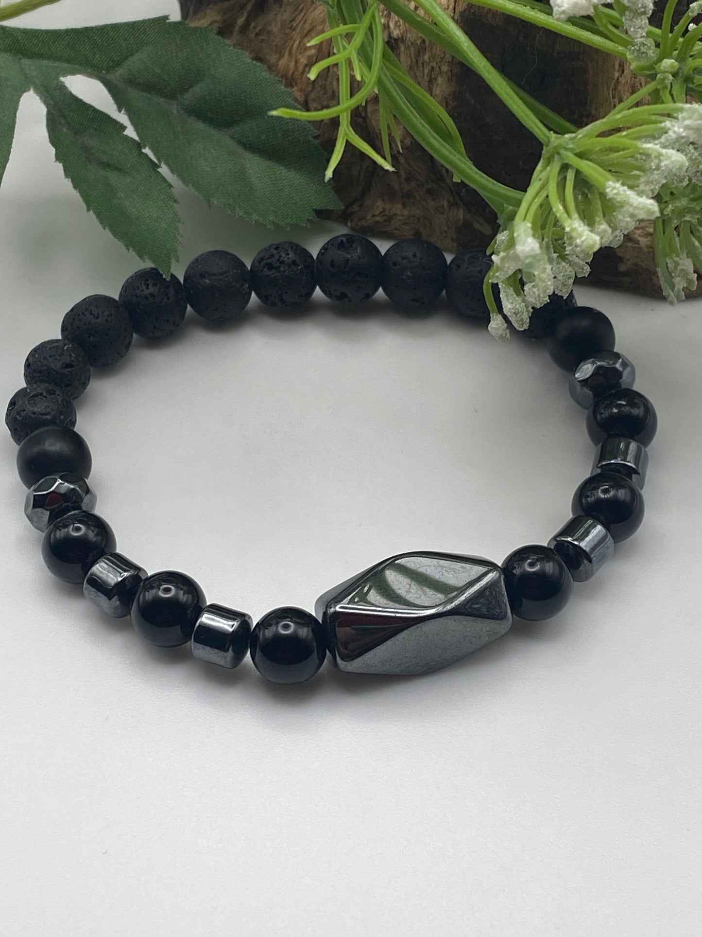 Mens Gemstone Bracelet, Onyx, Lava bead and Hematite Crystal Bracelet, Unique Handmade Gift,