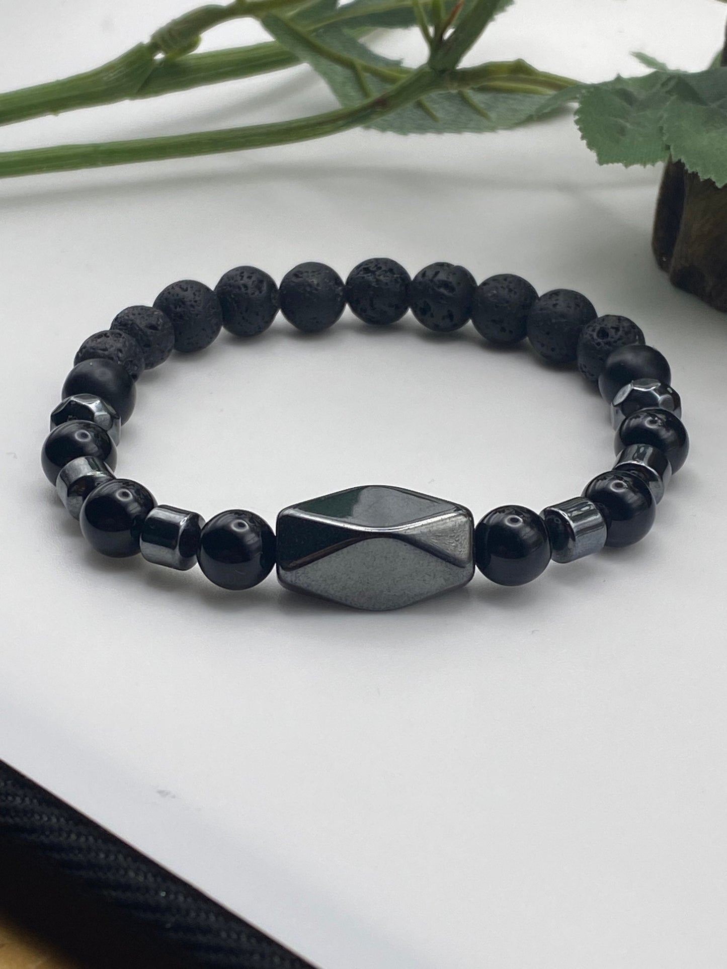 Mens Gemstone Bracelet, Onyx, Lava bead and Hematite Crystal Bracelet, Unique Handmade Gift,