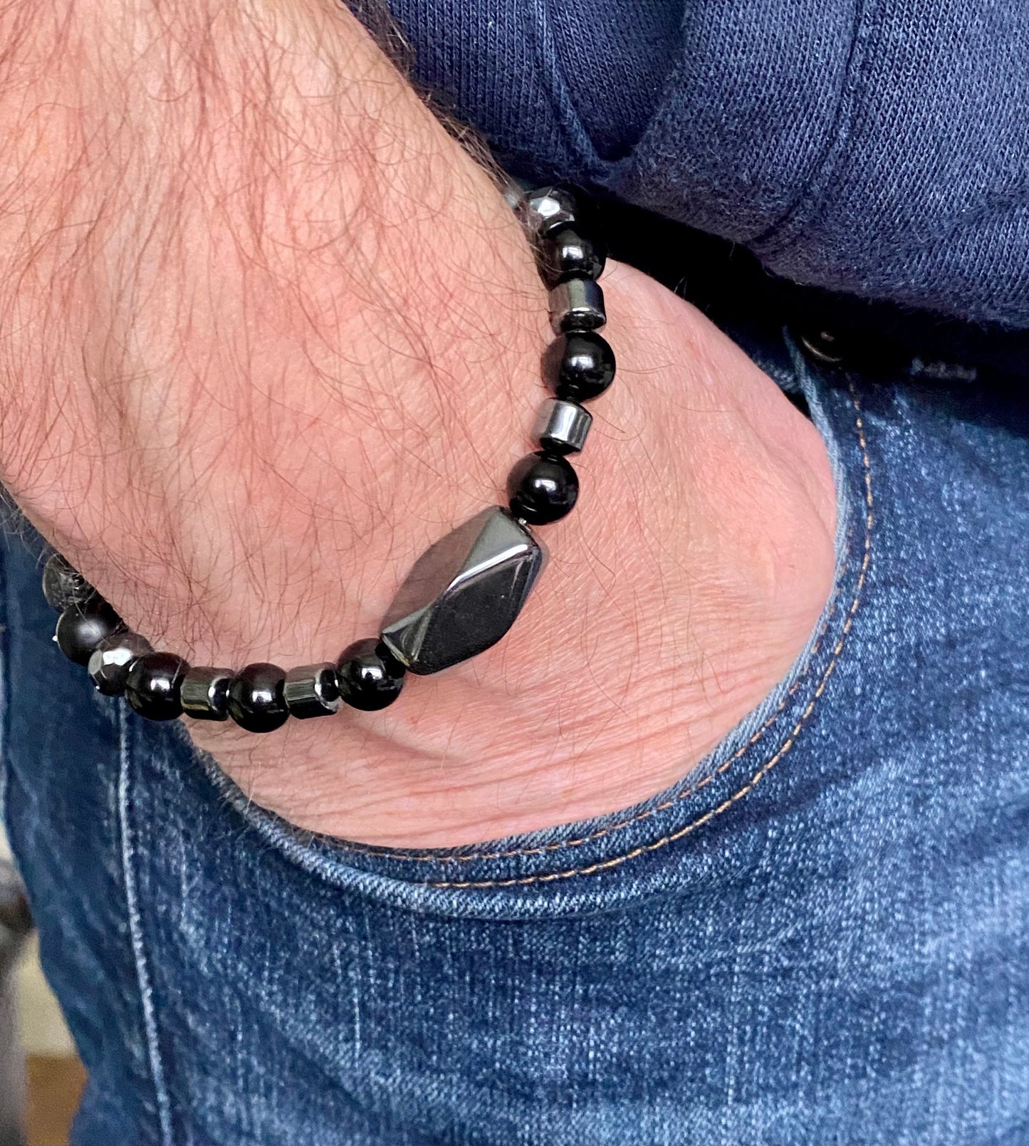 Mens Gemstone Bracelet, Onyx, Lava bead and Hematite Crystal Bracelet, Unique Handmade Gift,